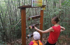 Milla's magic trail in Albrechtsberg an der Großen Krems, © Roman Zöchlinger Two people at a station in the forest with word cubes on Milla's magic trail.