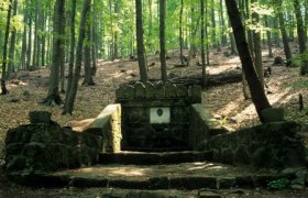 Kaiserbründl, © Kaiserbründl Stone fountain in the forest with stairs and trees in the background.