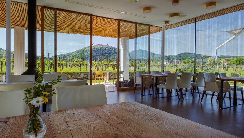 MALAT Winery and Hotel, © Niederösterreich Werbung / Maximilian Pawlikowsky Interior view of a modern restaurant with a view of vineyards.