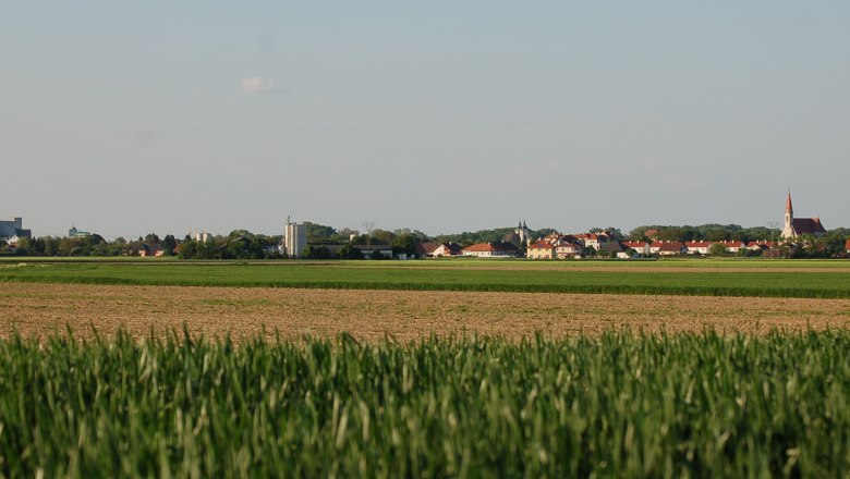 Lichtenwörth from the south, © Wolfgang Glock Panorama of Lichtenwörth with fields in the foreground and buildings in the background.