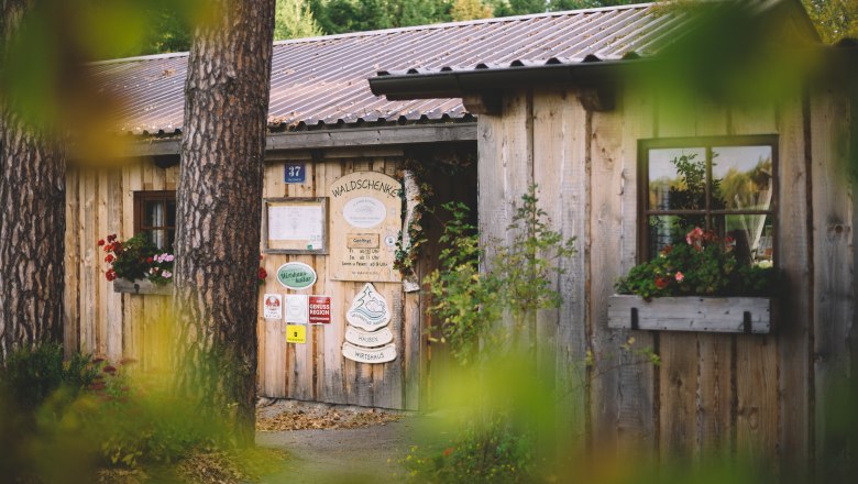 Beautiful wooden house on the edge of the forest, © Niederösterreich Werbung/Mara Hohla Wooden house with flower box and signs on the door, surrounded by trees.