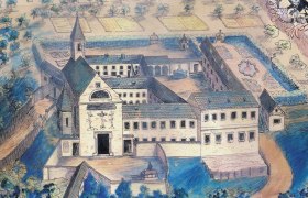 Katzelsdorf parish church, © Kupferstich Historical drawing of the Katzelsdorf parish church with surrounding buildings and gardens.