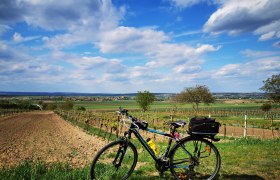 Well house with a view, © Weinstraße Weinviertel Bicycle in front of a landscape with fields and blue sky.