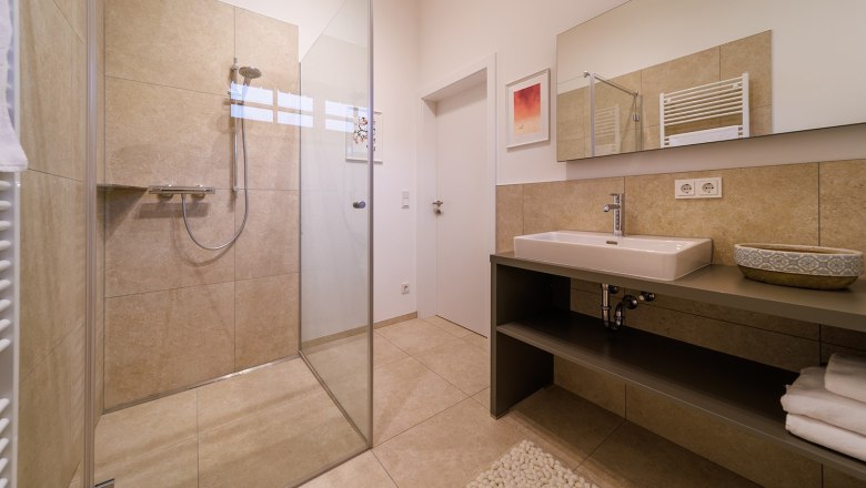 Bathroom, © Göllitzhof Modern bathroom with walk-in shower, washbasin and large mirror.