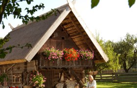 Troadkasten in the Lanzenkirchen Farmers' Museum, © Haberler, Foto Tschank Traditional wooden building with thatched roof and flowers, woman and child in traditional costume in front.