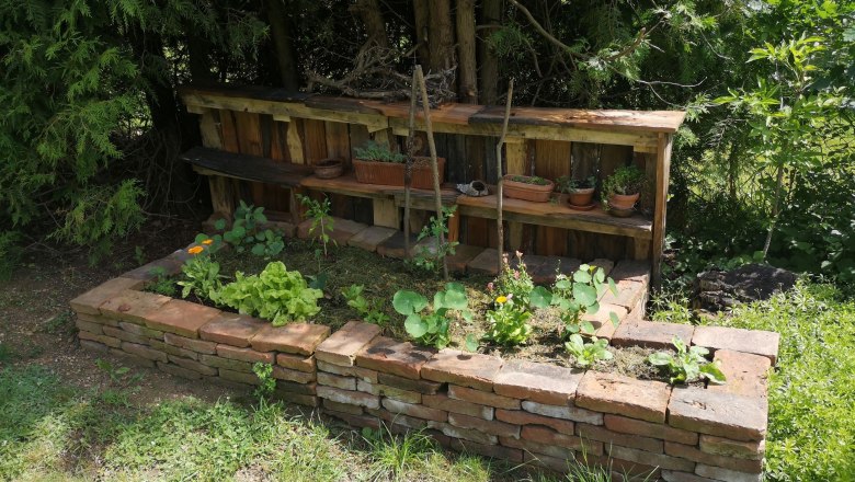 Watzl Albrechts show garden (10), © Brigitte Watzl A raised bed made of bricks with plants and a wooden shelf in the background, surrounded by trees and grass.