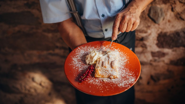 Apple strudel, © Niederösterreich Werbung/Daniela Führer A plate with apple strudel, cream and currants, held by a person in a blue shirt.