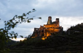 Senftenberg castle ruins summer, © Verein zur Erhaltung der Burgruine Senftenberg Illuminated Senftenberg castle ruins at dusk, surrounded by trees and vineyards.