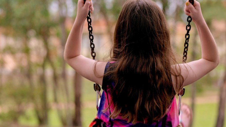 Playground, © pixabay A child swings on a swing outdoors, surrounded by trees.