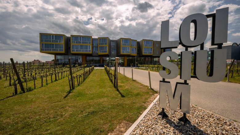 LOISIUM Langenlois, © Niederösterreich Werbung / Maximilian Pawlikowsky Modern architecture of LOISIUM Langenlois with vines in the foreground and a cloudy sky.