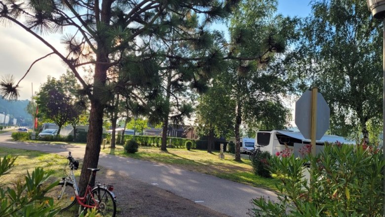 Campsite, © Camping Marbach A campsite with mobile homes, trees and a bicycle in the foreground.
