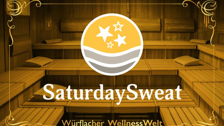 Saturday, © DESIGN S (design-s.at) Interior view of a sauna with wooden benches and the Saturday Sweat logo.