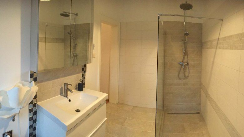 Bathroom, Apartment Sacher, © Petra Sacher Modern bathroom with shower, washbasin and mirror.