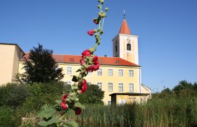 St. Andrä parish church, © Hans Kopitz St. Andrä parish church with red flowering shoot in the foreground.