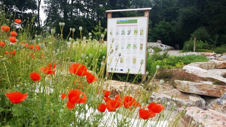 20180607_ksg_03_zuschnitt_c_gemeinde-weinburg, © Gemeinde Weinburg A garden with red poppies and an information sign in the background.
