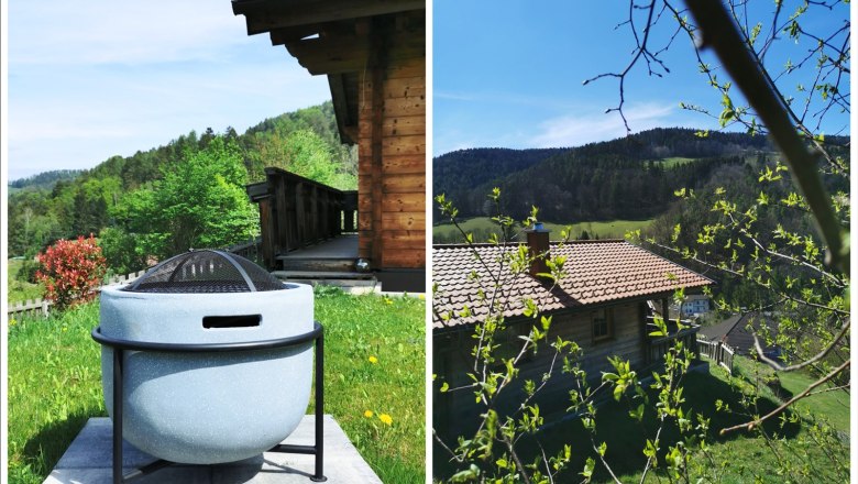 Garden, © Fam. Auer Two pictures of a garden with a wooden house and a fire bowl.