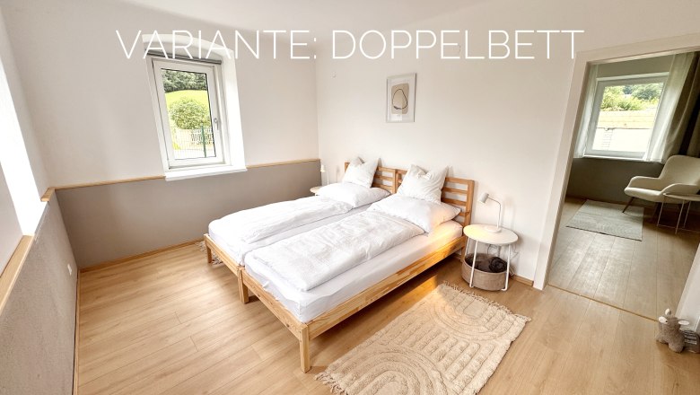 Bedroom, © Christoph Menhofer Modern bedroom with double bed, wooden floor and window with view to the outside.