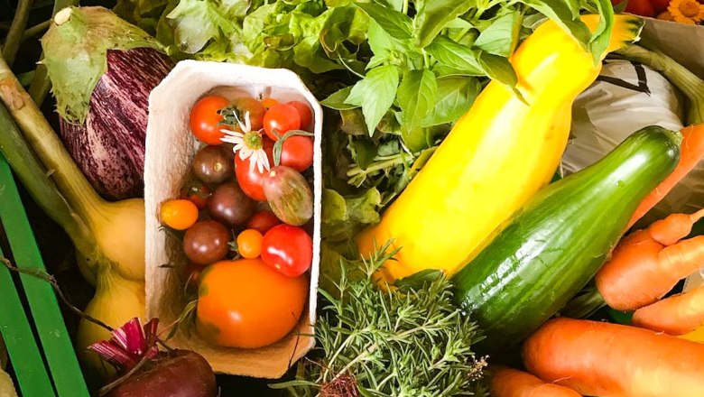 Wonderful variety of vegetables, © Michaela Faustmann Fotografie Green box with fresh herbs and vegetables such as tomatoes, cucumbers and zucchinis.