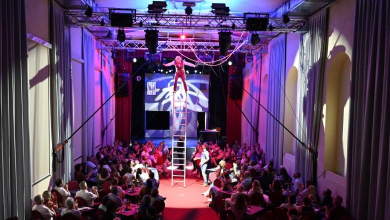 In-house production Kreuzverhör Papierfabrik Varieté, © Stefan Wasner An artist balances on a ladder in a crowded theater with colorful lighting.