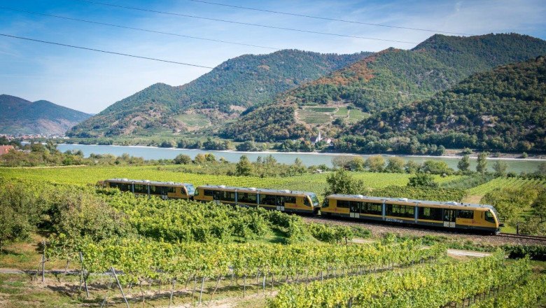 Wachau Railway, © Kerschbaummayr A yellow train travels through vineyards in the Wachau, with a river and wooded hills in the background.