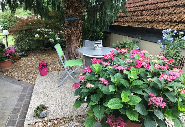 Sitting area in the garden, © Gästehaus am Steindl Garden with table, chairs and flowering plants.