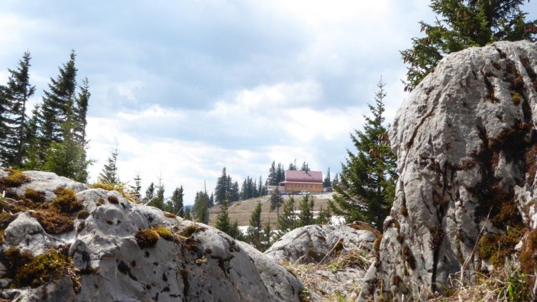 Annabergerhaus, © Karl Schachinger View of the Annabergerhaus in a mountain landscape with rocks and trees in the foreground.