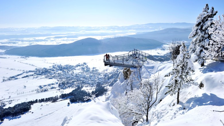 Hohe Wand Nature Park, © Naturpark Hohe Wand/Robert Herbst Winter landscape in the Hohe Wand Nature Park with snow-covered trees and viewpoint.