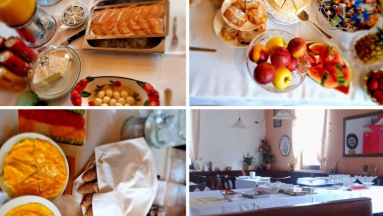 Breakfast buffet, © Fam. Windisch A rich breakfast buffet with various dishes and drinks on one table.