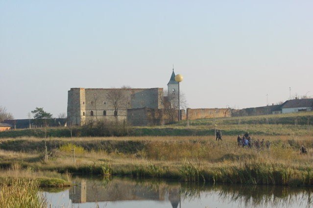 Wenzersdorf castle ruins, © Gemeinde Gnadendorf Ruins of a castle with tower and golden ball, surrounded by meadows and a pond.
