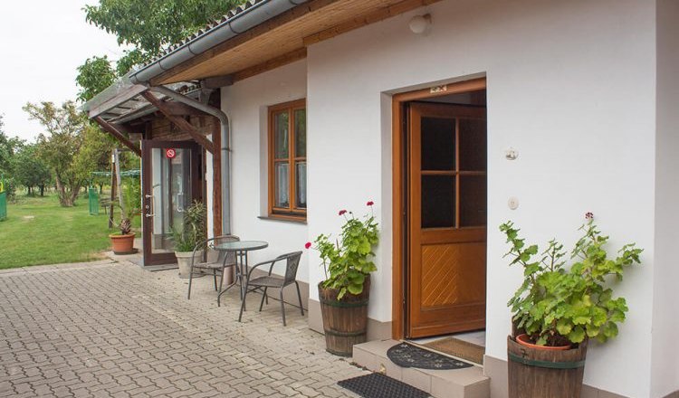 Exterior view of garden room, © ettenauerweine Exterior view of a garden room with wooden door, windows and plants in pots.