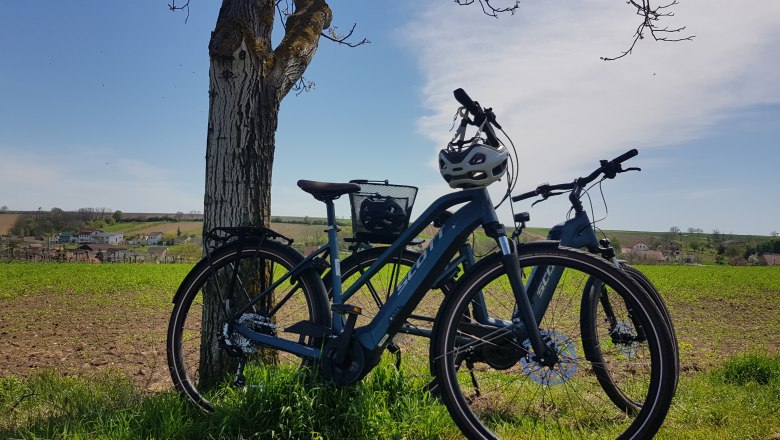 E-bike rental, © weinstimmig Dworzak Two bicycles leaning against a tree in a field with a village in the background.