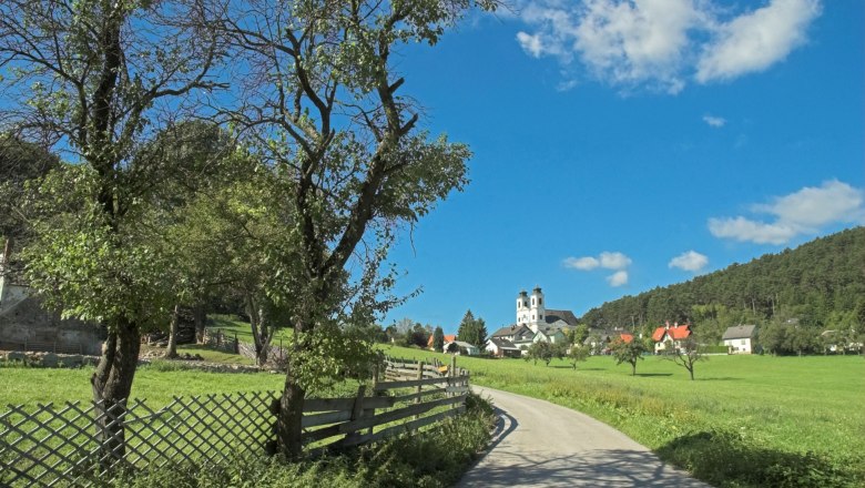 Hafnerberg pilgrimage church, © Wingrafik Landscape with church and trees under a blue sky.