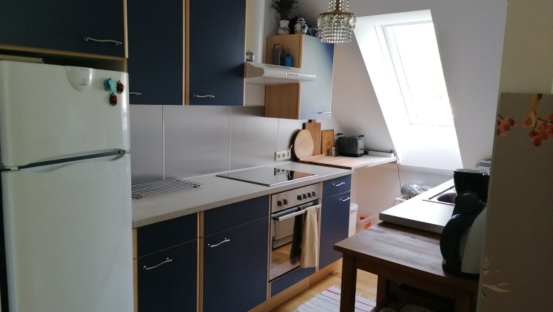 Fully equipped kitchen with a view of the Rax, © Wiener Alpen Modern kitchen with blue cupboards, stove, fridge and skylight.