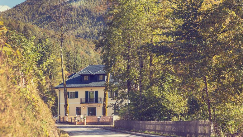 Castle tavern on Lake Lunz, © Schlosstaverne Lunz/Martin Stellnberger A yellow building, surrounded by trees, in front of a wooded mountain with snow on top.