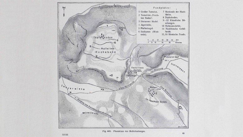 Plan of the Malleiten from 1915 with archaeological finds, © Plan der Malleiten von 1915 mit archäologischen Fundpunkten Historical map of Malleiten from 1915 with archaeological sites.