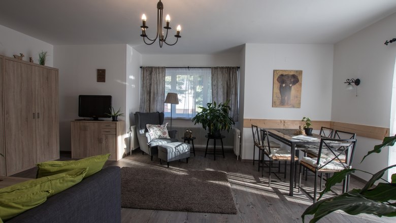 Vacation apartment, © A. Dirnbauer Cozy living room with sofa, armchair, dining table and plants.