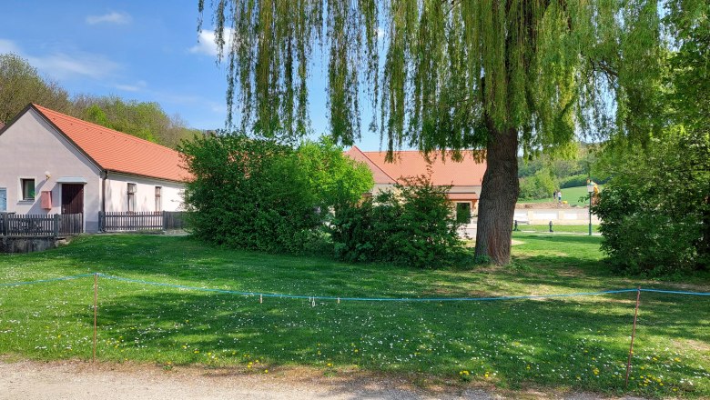 Campsite Loosdorf, © Gemeinde Fallbach Green campsite with trees and buildings in the background.