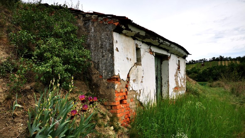 Mühlberg nature reserve, © Weinstraße Weinviertel Old building with a crumbling façade in a rural setting, surrounded by grass and flowers.