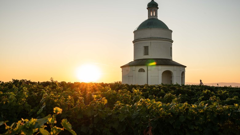 Mannersdorf, © www.paulbreuss.com A white chapel stands in the middle of a vineyard at sunset.