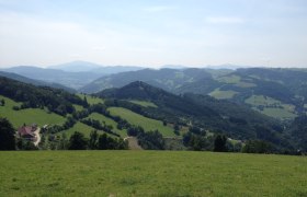 Hochkogelberg, © Mostviertel Tourismus Panorama of a hilly landscape with meadows and forests under a blue sky.