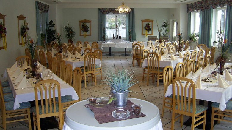 Dining room, © Martin Zwinz Elegant dining room with laid tables and wooden chairs.