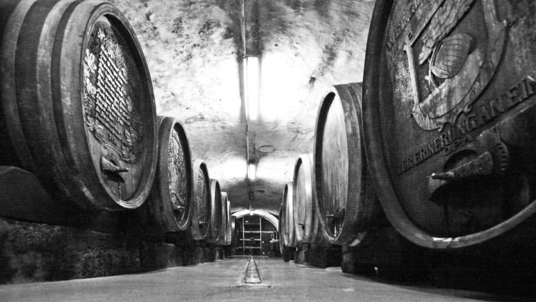 Cellar, © Schachl Harald Black and white photo of a wine cellar with large wooden barrels.