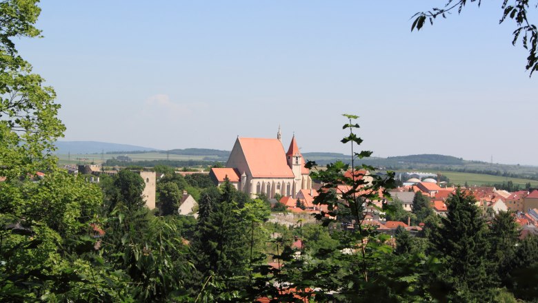 View Eggenburg, © C. Dafert Panoramic view of Eggenburg with church and surrounding buildings, surrounded by trees and hills in the background.