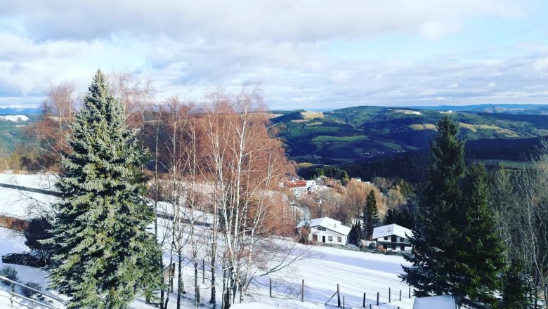 Outlook, © Familie Weibels Winter landscape with snow-covered trees and hills in the background.