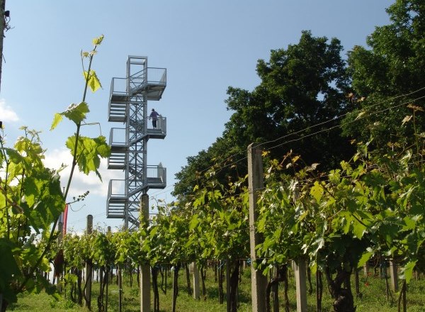 Corkscrew lookout point, © Donau Niederösterreich Corkscrew lookout point in a vineyard with a blue sky.