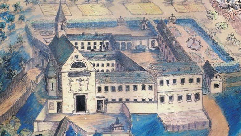Katzelsdorf parish church, © Kupferstich Historical drawing of the Katzelsdorf parish church with surrounding buildings and gardens.
