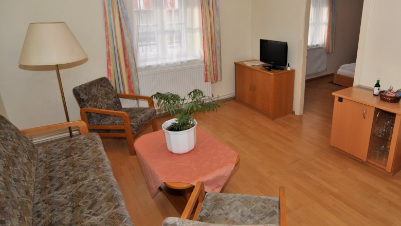 double room1, © Einzinger GmbH Living room with sofa, two armchairs, table with plant, TV and access to a bedroom.
