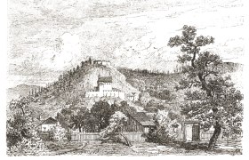 Historical engraving: Pitten, © gemeinfrei Historical engraving of Pitten with castle on a hill, surrounded by trees and buildings.