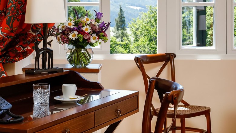Room Knappenhof, © Knappenhof - Christian Husar An elegant room with wooden furniture, a desk, chairs and a window overlooking a green landscape.