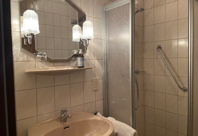 Bathroom with shower and WC, © Wiener Alpen A bathroom with washbasin, mirror, shower and towel.